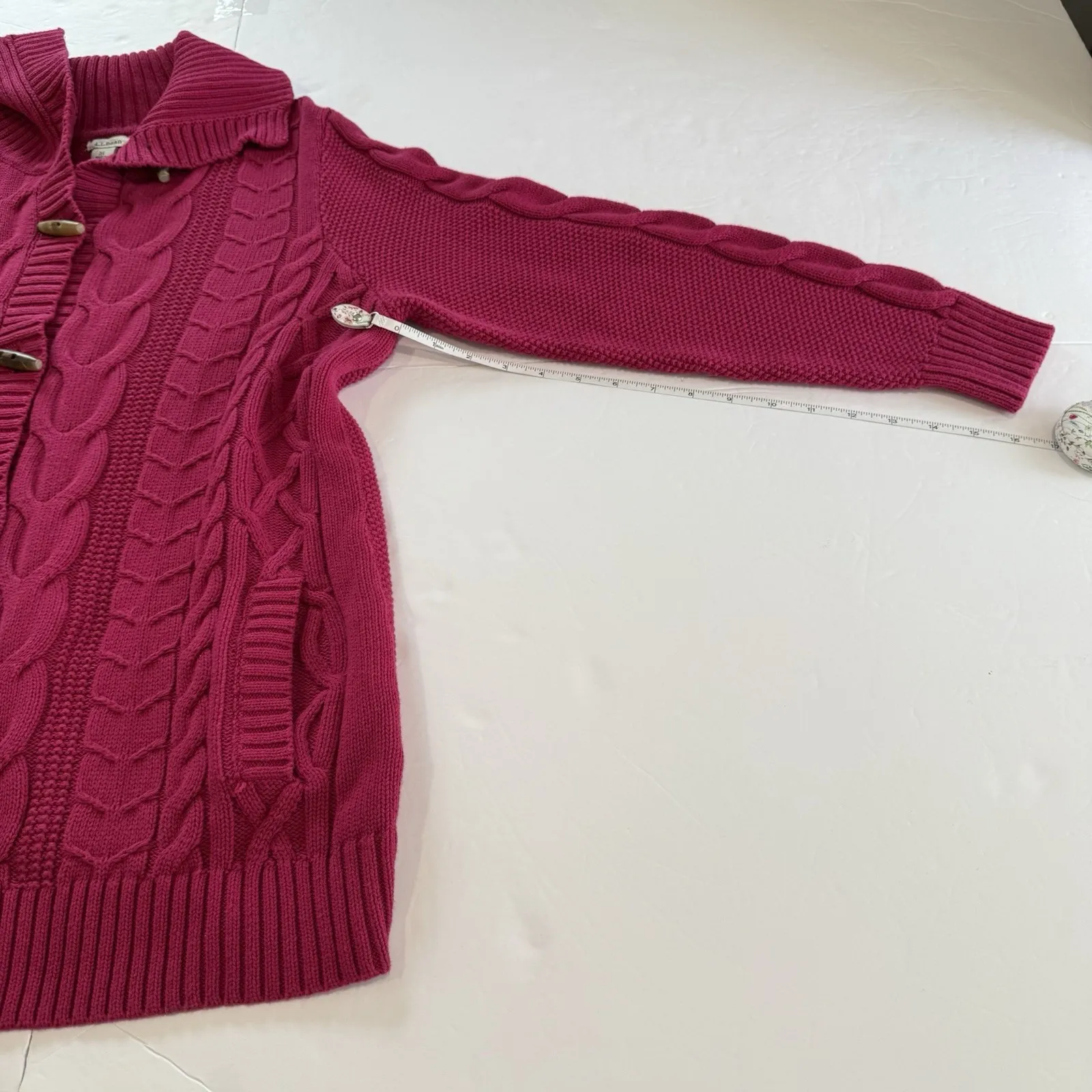 LL Bean Pink Cable Toggle Button Up Cotton Cardigan Sweater Pockets XL PETITE Size undefined - Image 8
