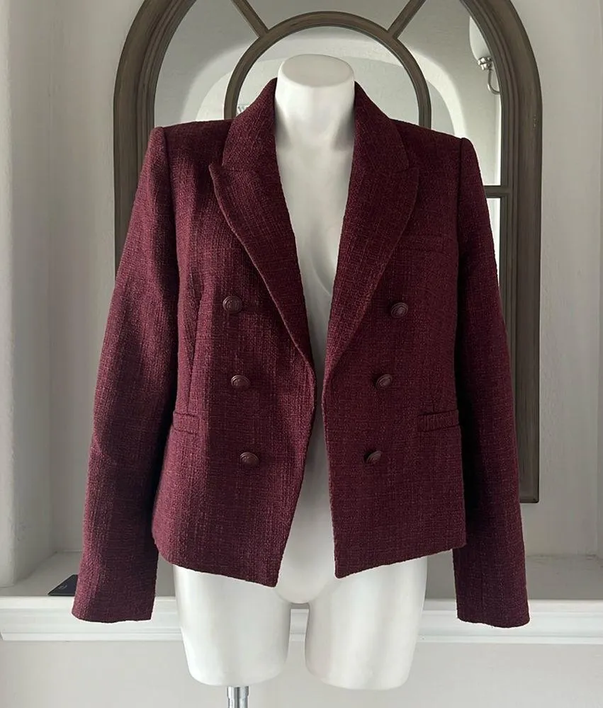 ELIE TAHARI Double Breasted Tweed Blazer in Burgundy, Size L Retail $495 - Image 11