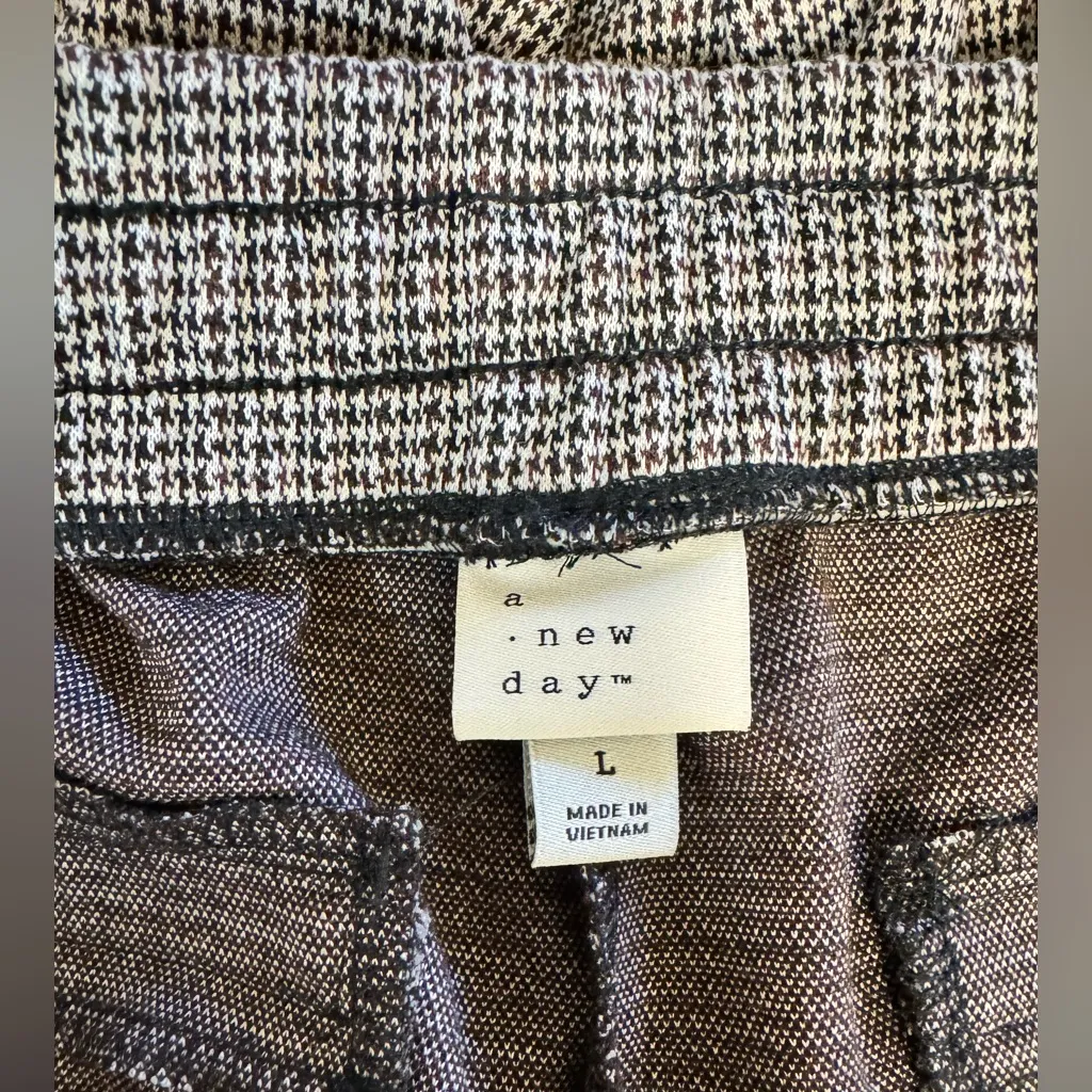 Houndstooth Drawstring Straight Leg Pants Womens Large Maroon Black SZ Large - Image 2