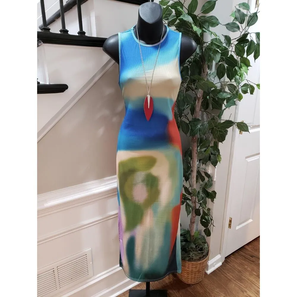 Womens Multi Tie Dye Cotton Side Slit Crew Neck Sleeveless Long Maxi Dress Small - Image 12