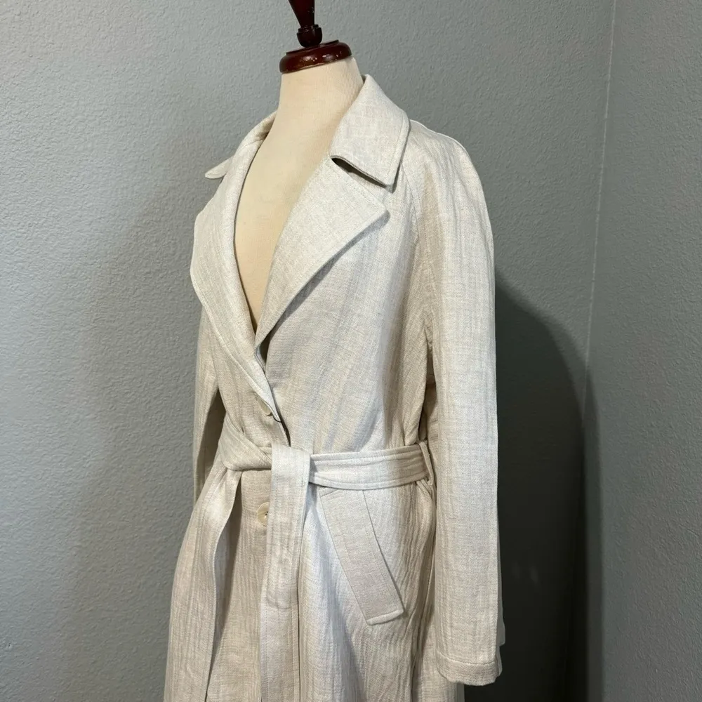 Zara New Ivory Belted Linen Blend Lapel Collar Christmas Holiday Trench Sz M - Image 15
