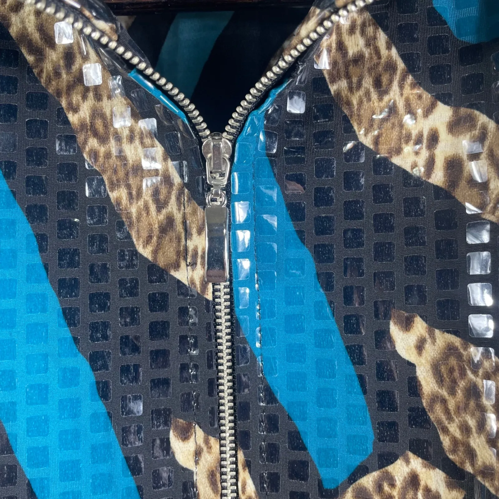Misook Sequin Animal Print Jacket Zip Front Black Teal Gold Large‎ Made in Korea - Image 4