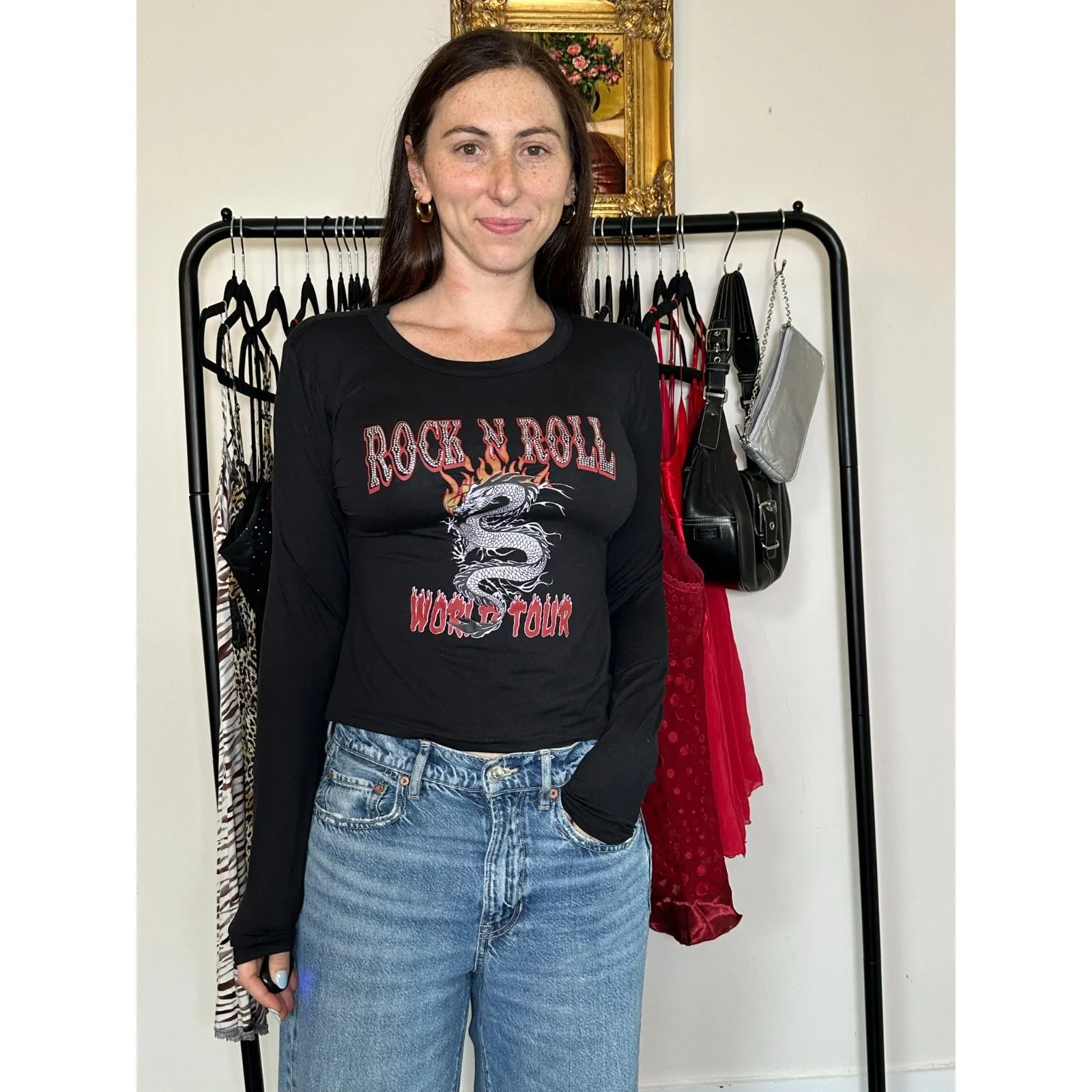Y2K Rock N Roll World Tour Black Longsleeve Top Size Large - Image 2