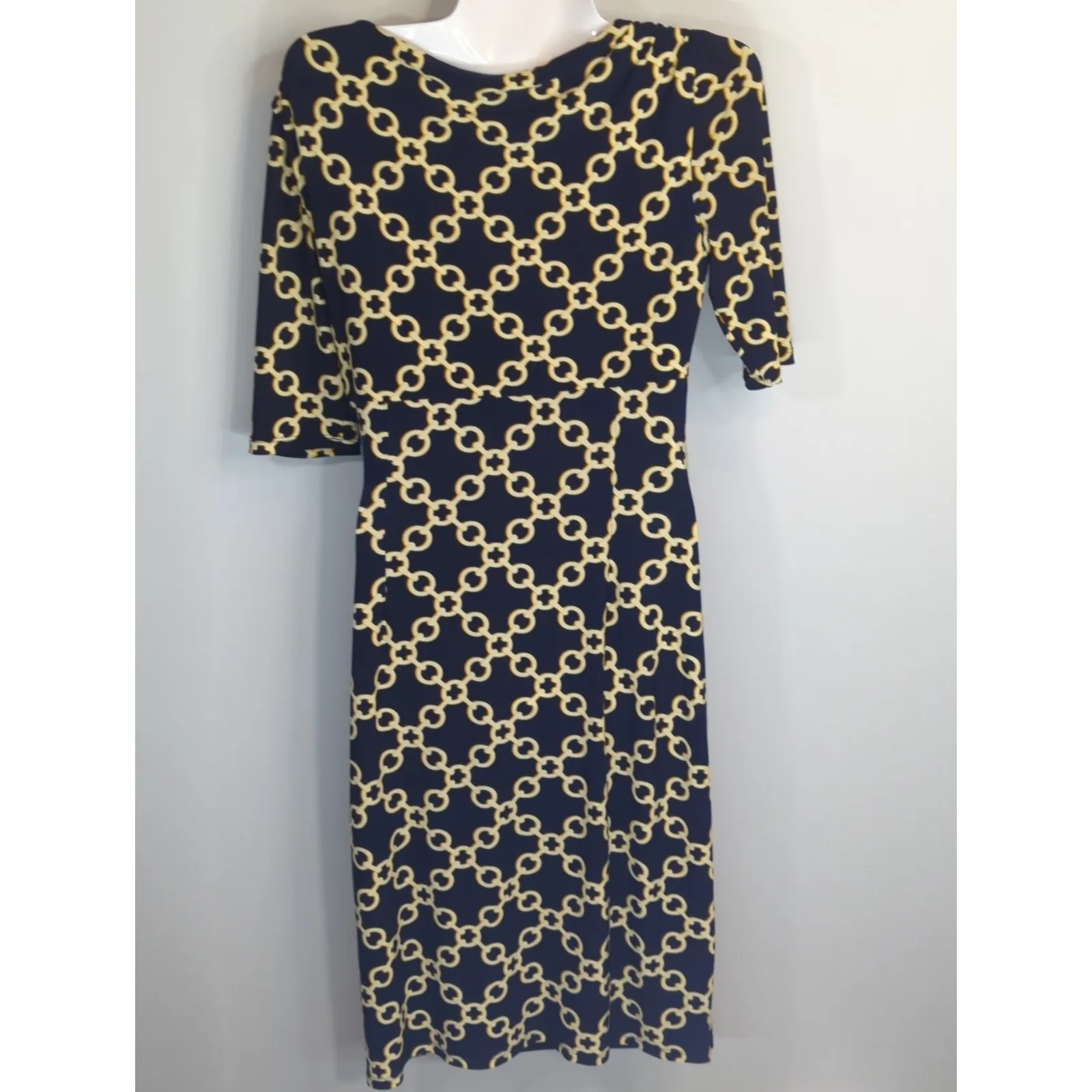 Lauren Ralph Lauren Navy & Gold Faux Wrap Equestrian Midi Dress Size 2 Old Money Black - Image 5