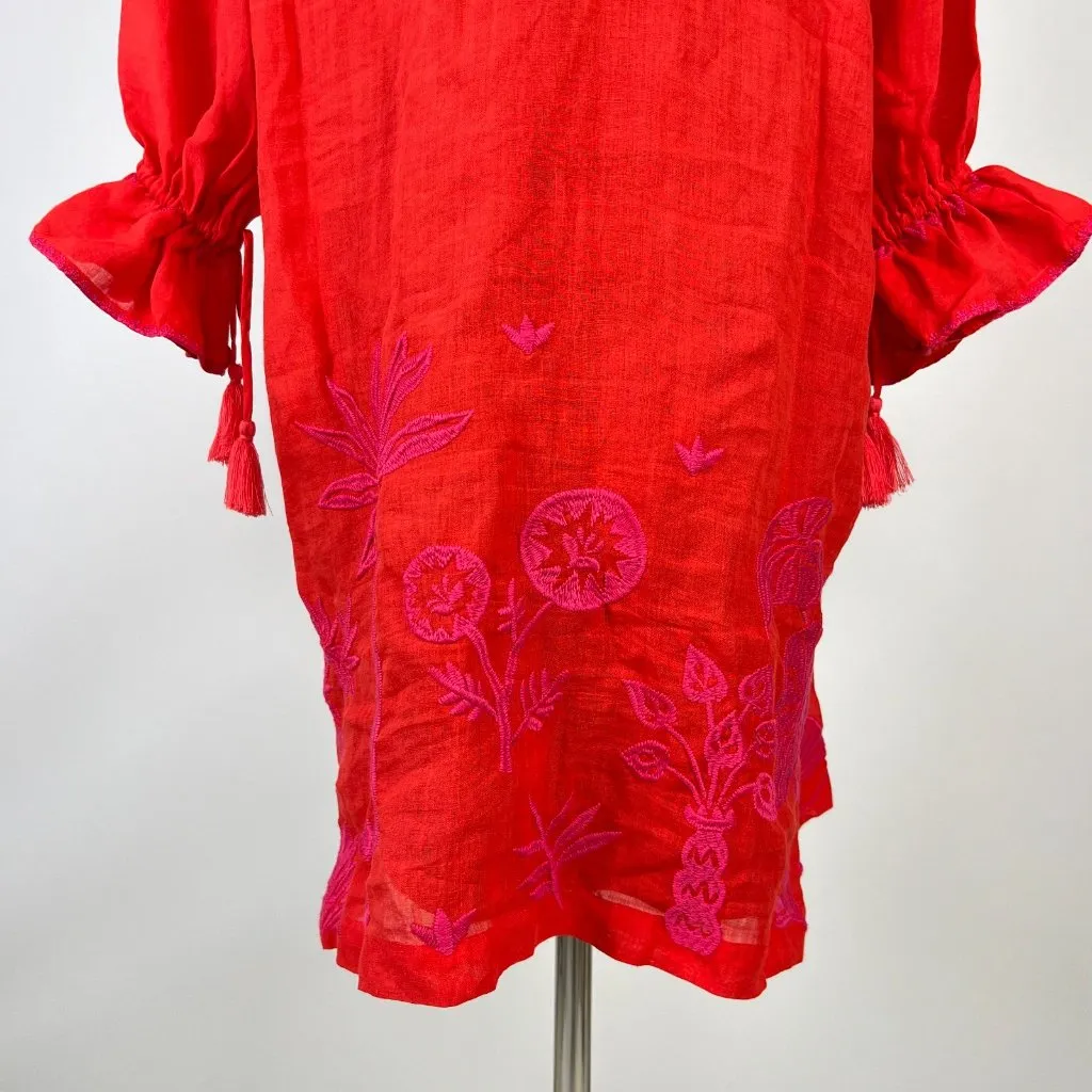 NWOT Johnny Was Ramie Embroidery Ruffles Red Luciana Tie Front Sleeve Dress S - Image 9