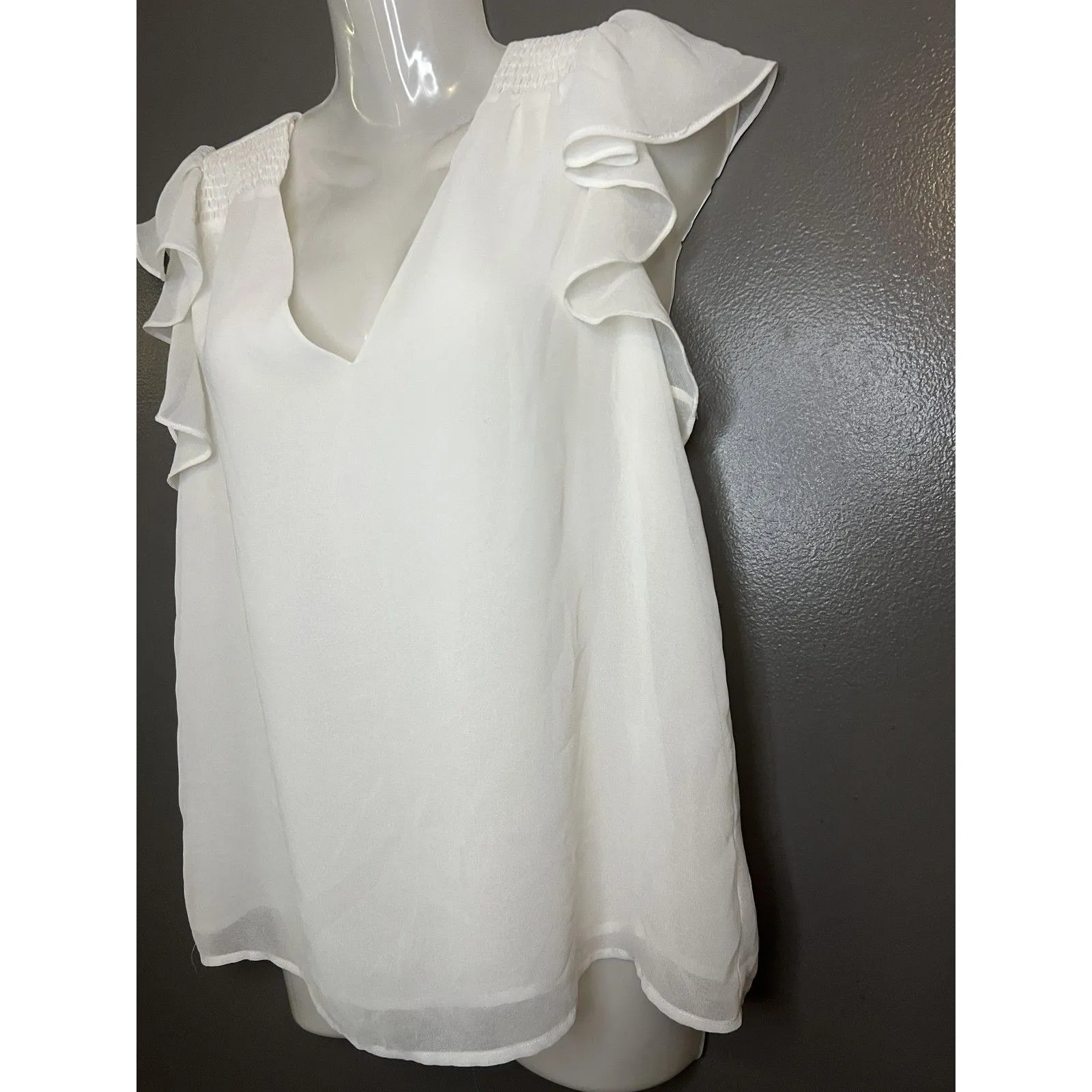 1.STATE Blouse Womens Small White Ruffle Flutter Sleeve V Neck Lined Top - Image 3