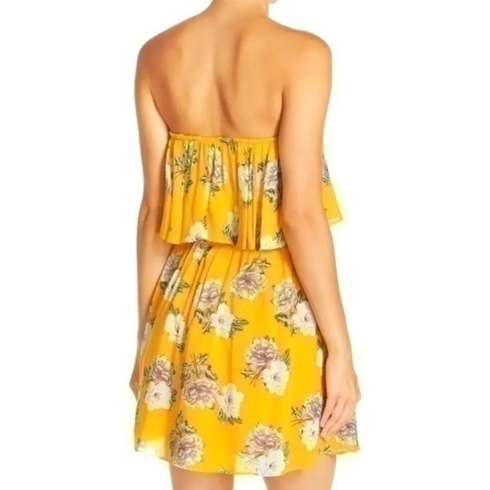 MinkPink Size M Yellow Floral Strapless Smocked Top Mini Dress Cover Up - Image 3