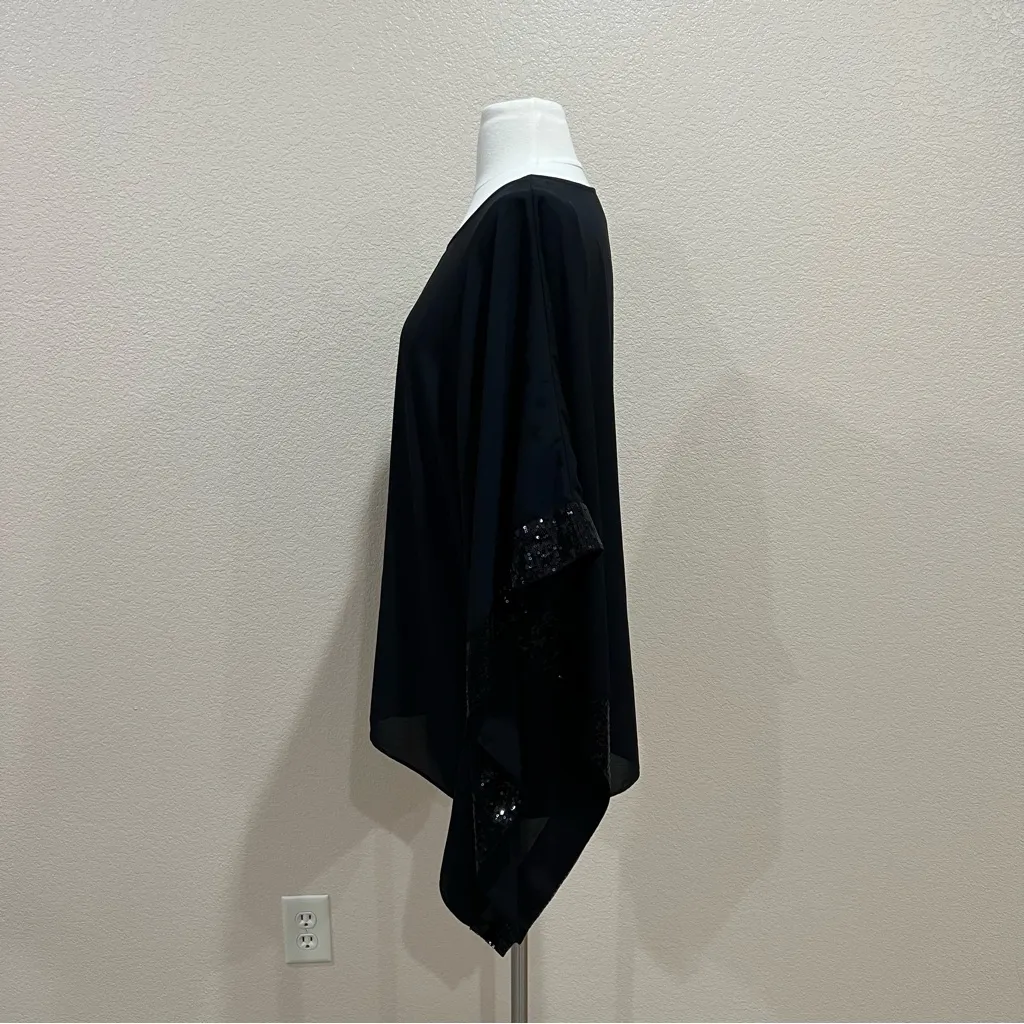 AB Studio Black Chiffon Pullover Poncho Blouse with Black Sequins Trim Medium - Image 6