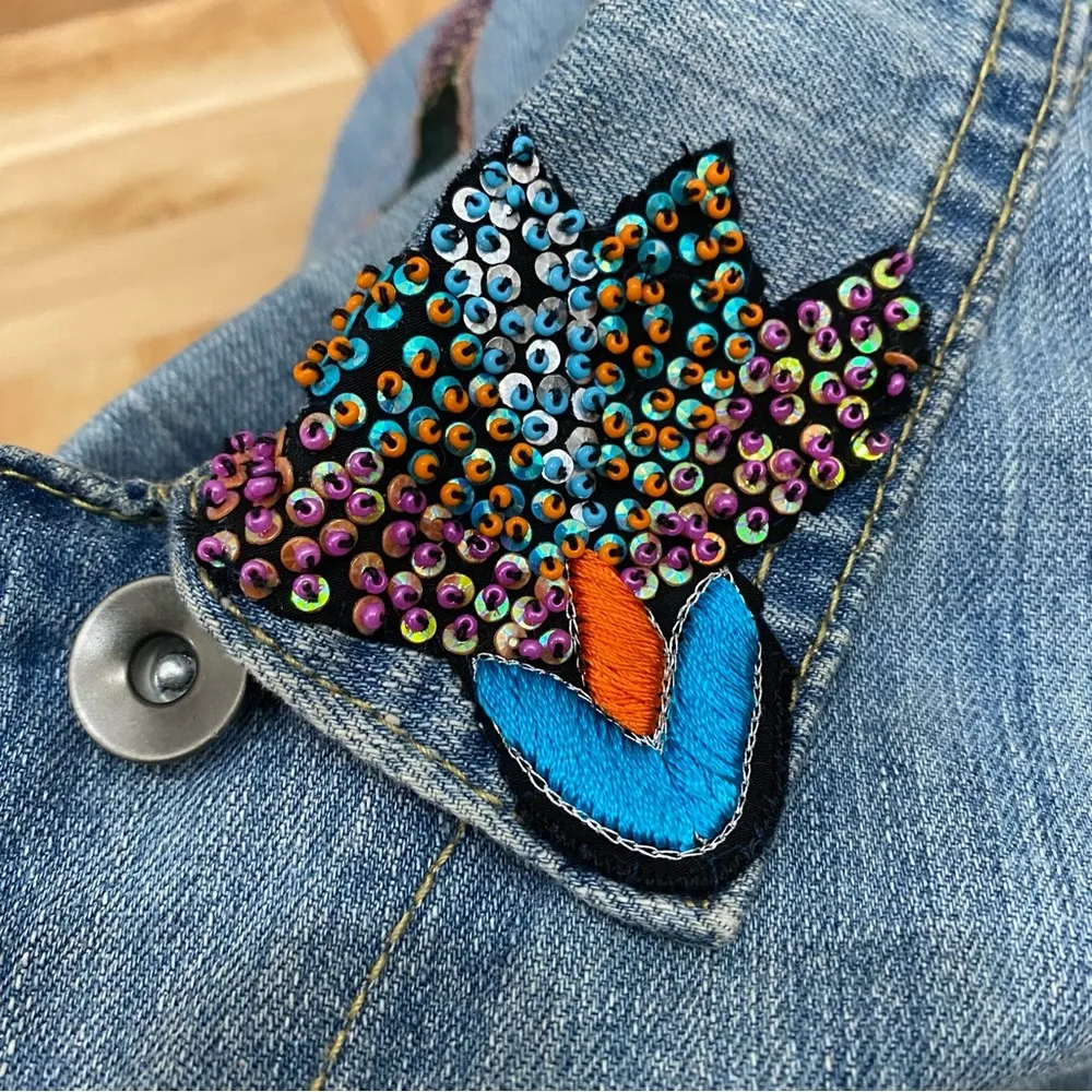 Customized Embroidered Patch Peacock Denim Jean Jacket Size M - Image 13