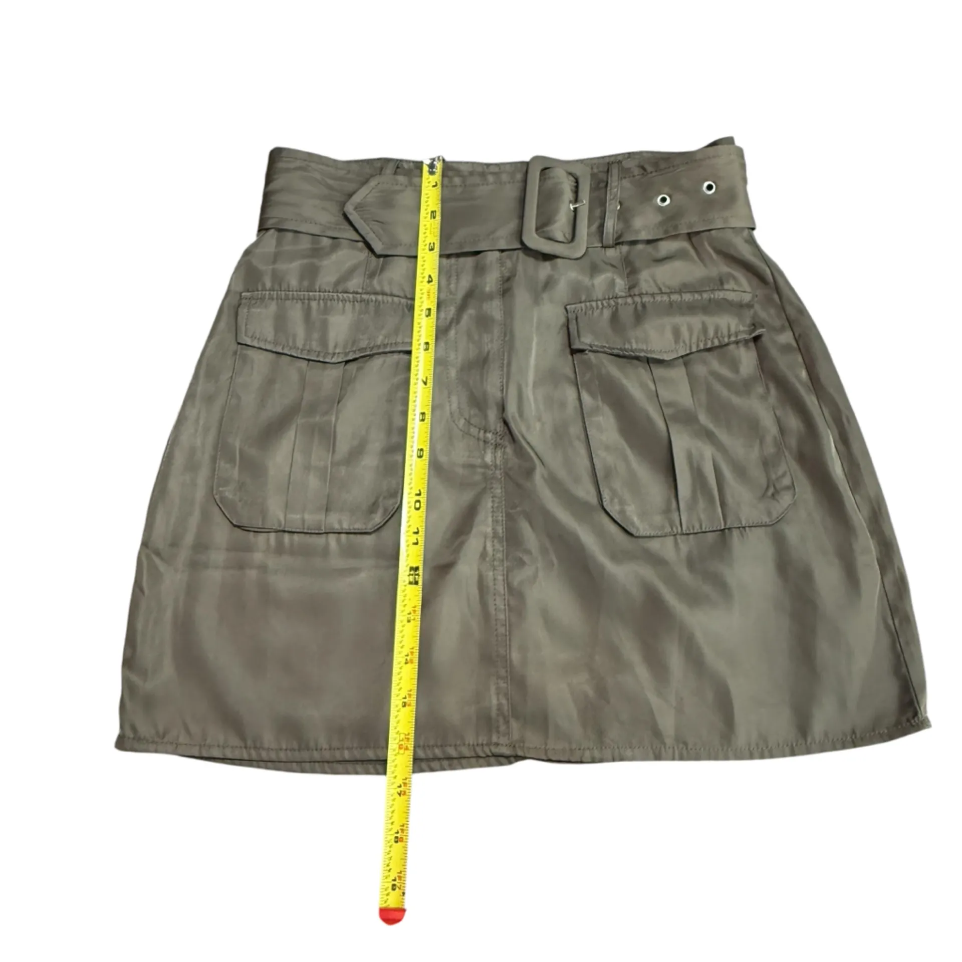 Fore Womens Size M Belted Cargo Pocket Utility Skirt Olive Green Mini Fall Satin Size M - Image 7