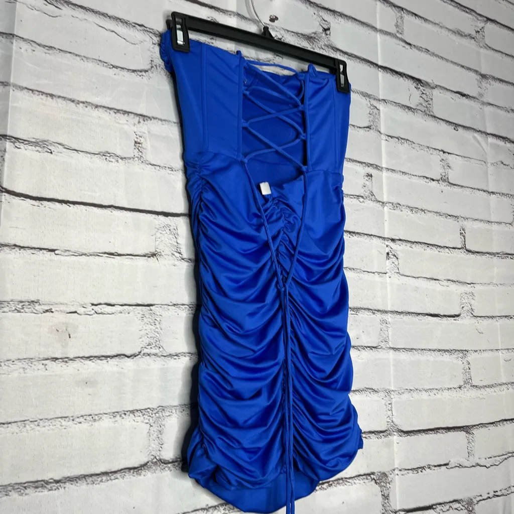 Lucy in the Sky Strapless Dark Blue Dress SZ S Tie Back Ruffled Sheath Designer - Image 12