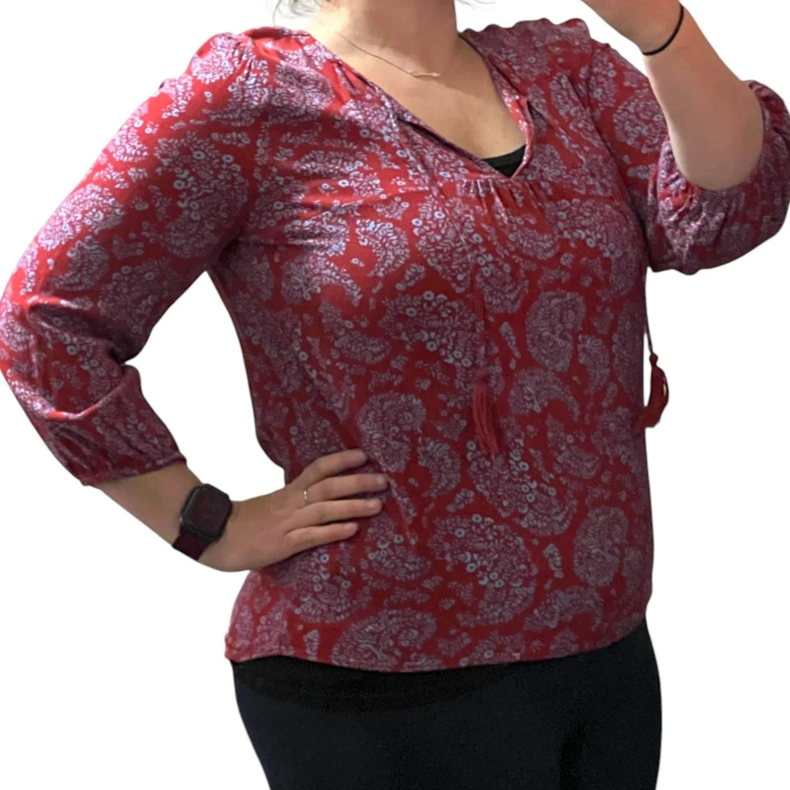 Skies Are Blue (S) Padenia Tassel Detail Split Neck Top - Stitch Fix Blouse - Image 4