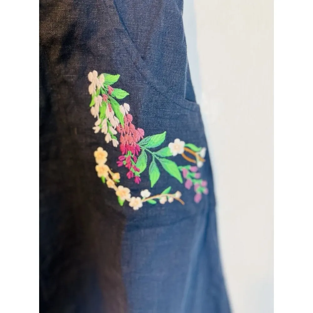 Fanm Mon Brodere Linen Mini Skirt Small Indigo Blue Floral Embroidery Pockets - Image 4