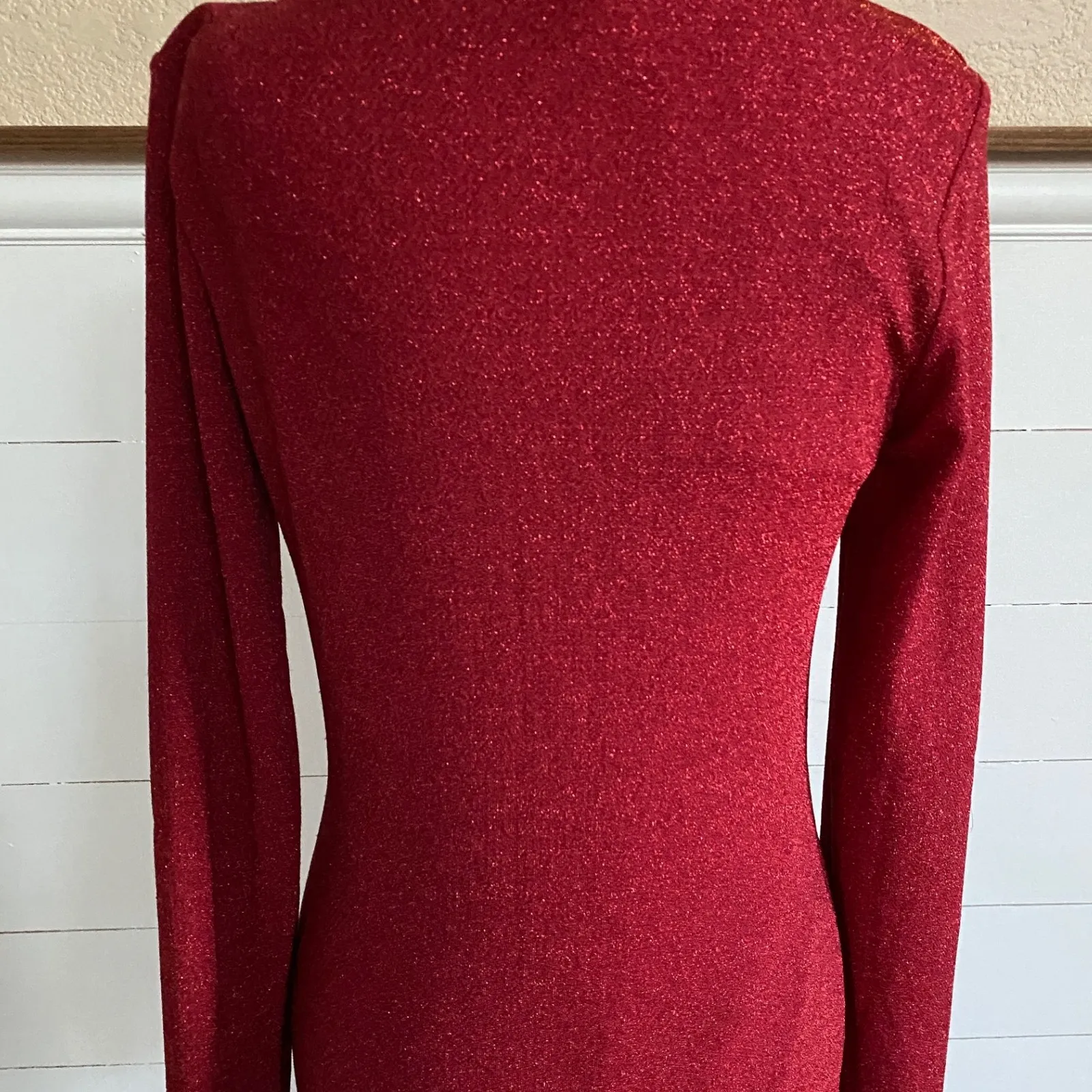 Burgundy Red Sparkle Long Sleeve Ball Gown Dress Evening Cocktail Party - L - Image 13