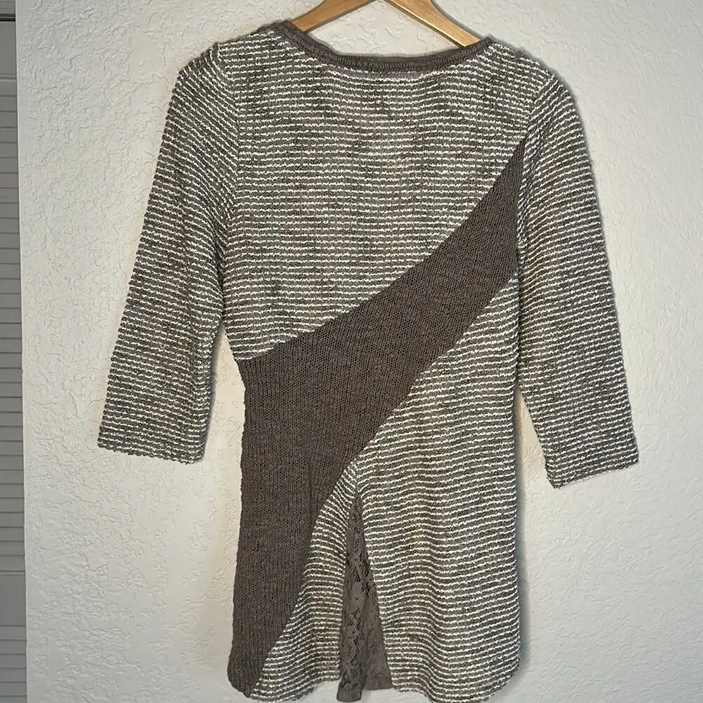 Anthropologie Angel of The North Taupe Mixed Lace Sweater Knit Large Metallic - Image 6