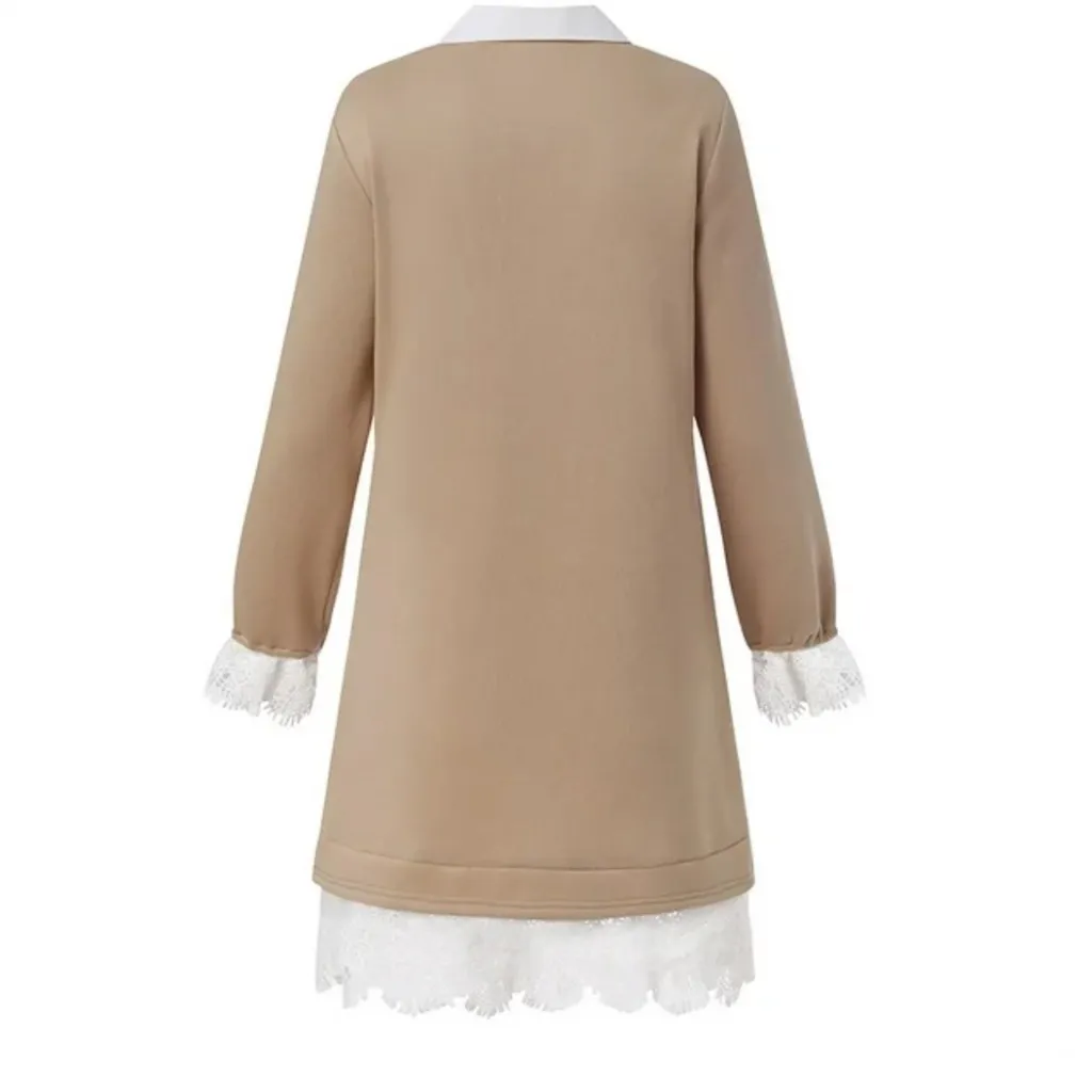 Women's Patchwork Floral Lace Sweatshirt Dress in Khaki sz small Tan - Image 4