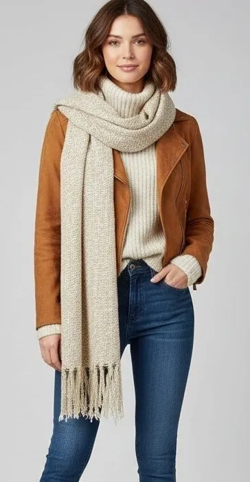 John J. Murphy Ireland Bouclé Scarf Wrap 80%Cotton 20%Linen Neutral Nubby Weave Tan - Image 1