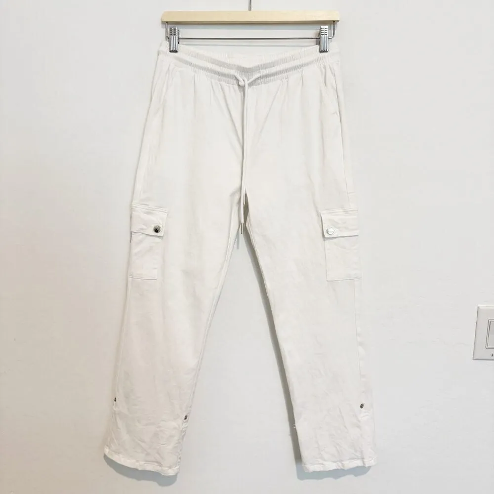 NEW Patrizia Luca Adjustable Roll Tab Capri Cargo Pants in White Boho Size Large - Image 9