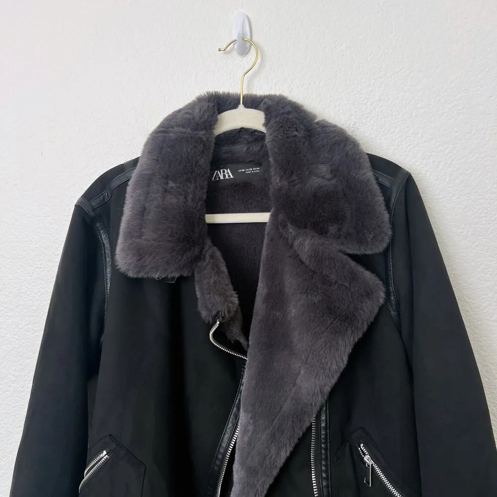 [Zara] Black Faux Fur Suede Double-Faced Oversized Moto Jacket Blogger Fave XS - Image 4