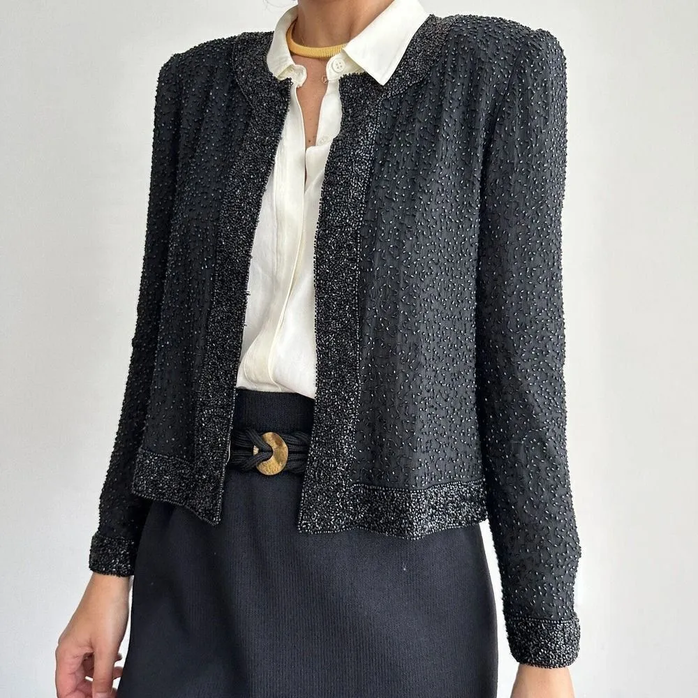 Vintage‎ Silk Beaded Jacket Womens Small Sequin Evening Formal Cocktail STENAY Black - Image 6
