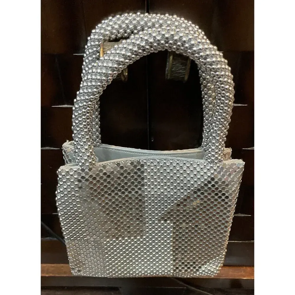 Silver Metal Mesh Small Purse Handbag‎ Handles Evening Bag 90S Y2K Retro VTG - Image 2
