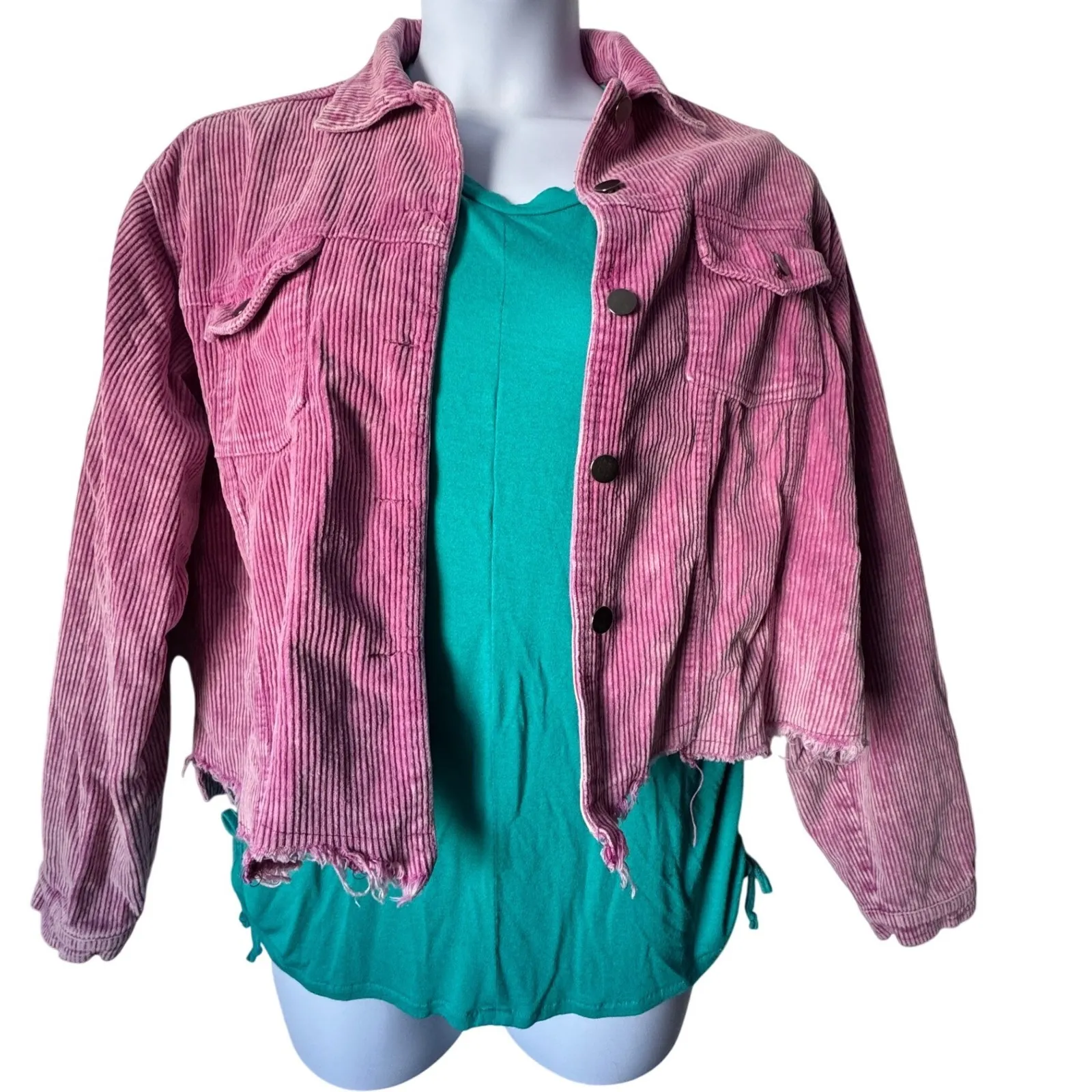 POL Boho Frayed Hem Plum Berry Mineral Washed Cotton Corduroy Trucker Jacket - Image 3