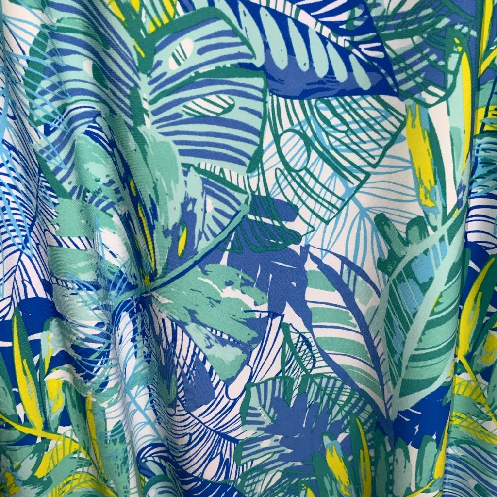 Pappagallo Tropical Leafy Blue and Green Shift Dress Medium - Image 5