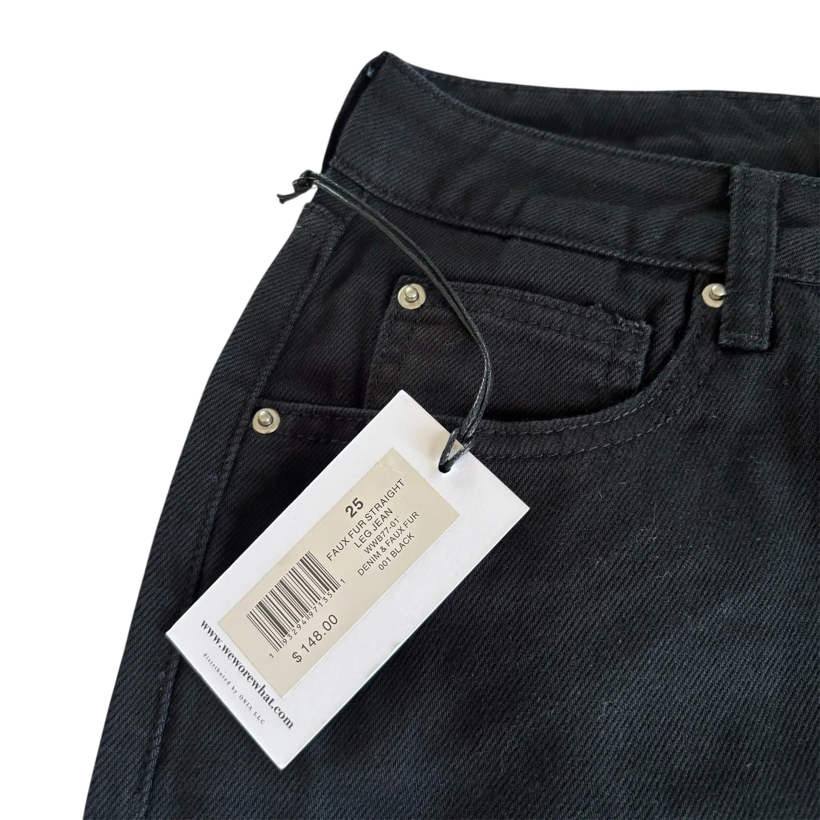 WeWoreWhat Revolve Retro Mobwife Faux Fur Straight Leg Black Jeans Size 25 NWT - Image 3