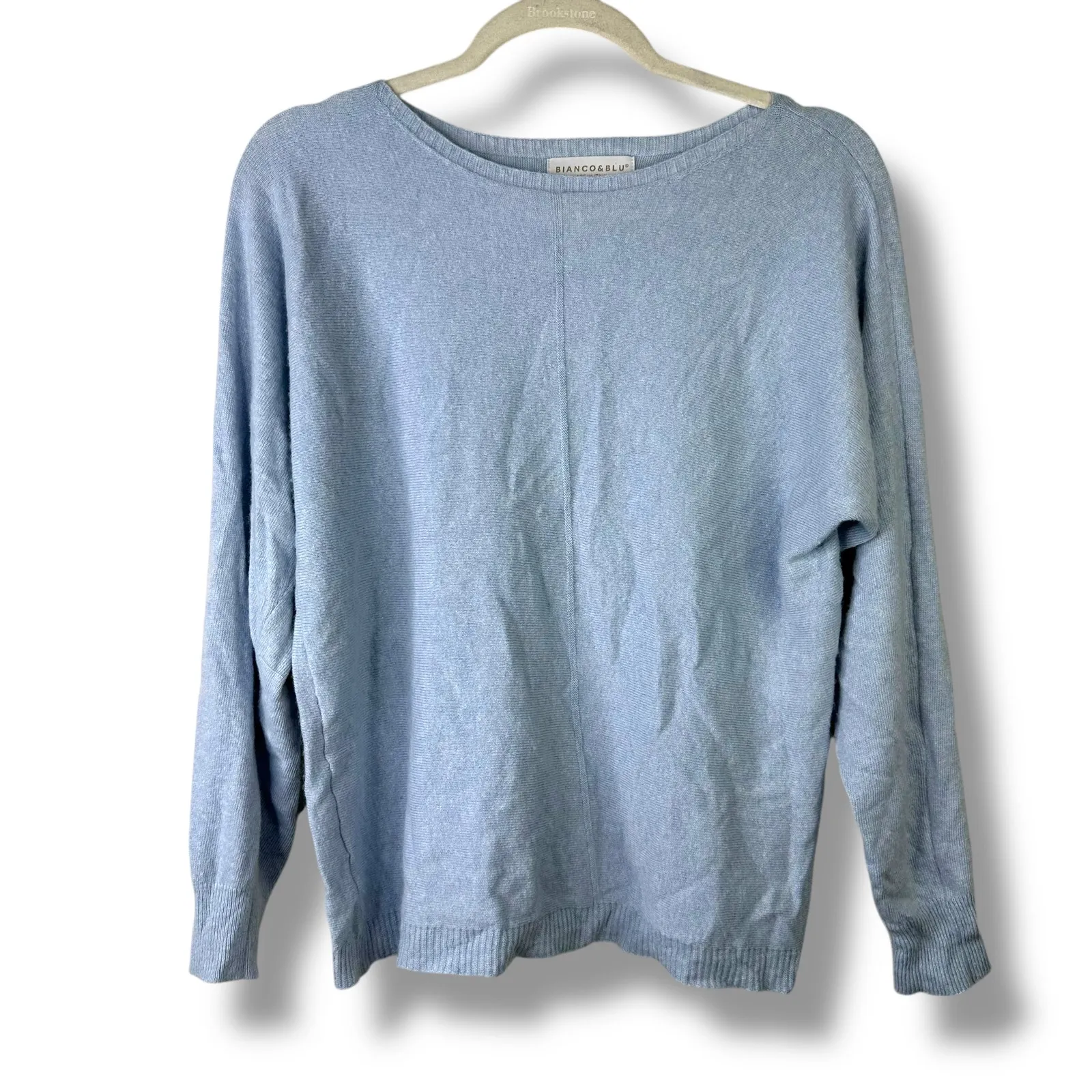 Bianco & Blu Made In Italy Blue Wool Cashmere Silk Ottoman Boat Neck Sweater Size L - Image 3