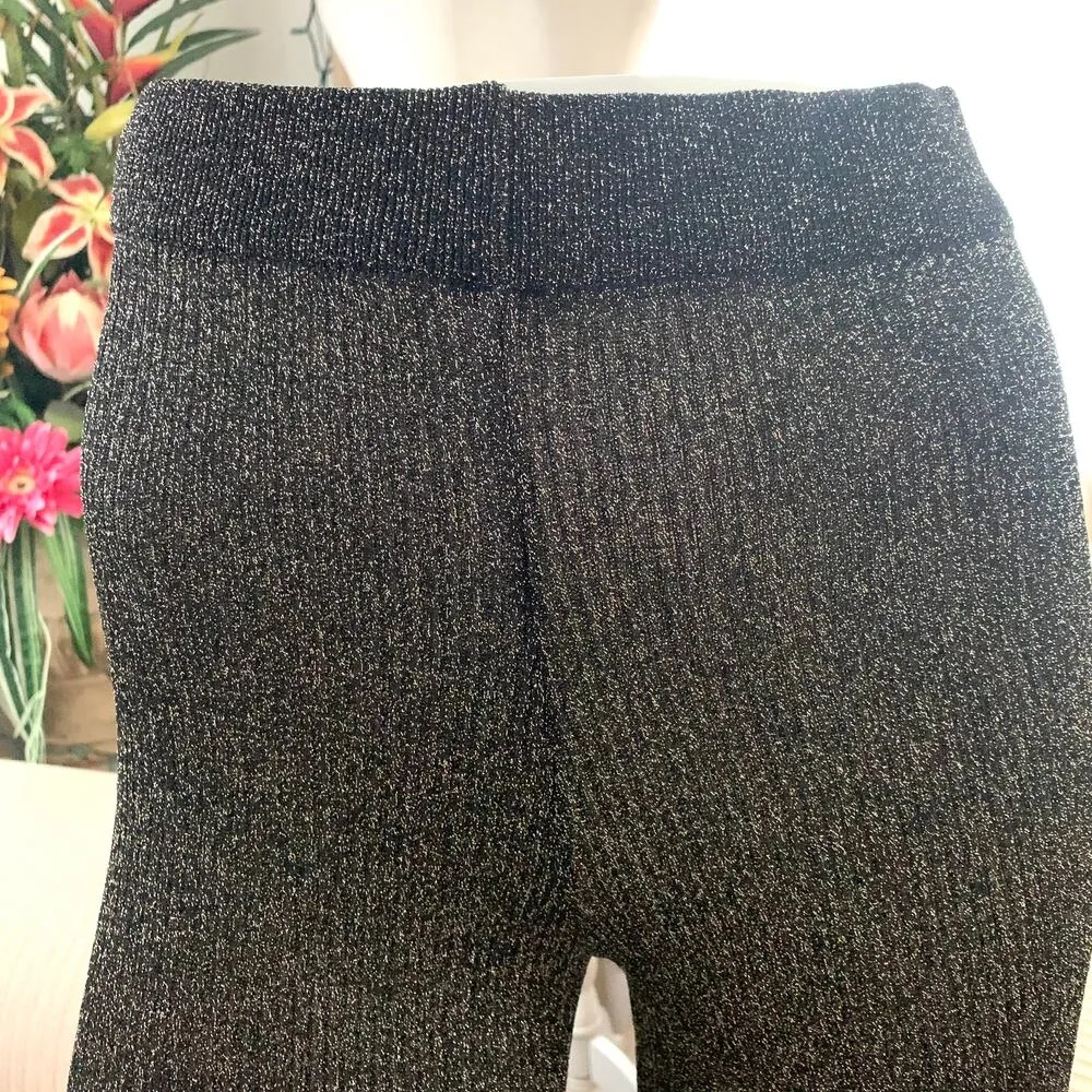 NEW Zara Shimmery Glitter Metallic Stretchy Ribbed Knit Flare Pant Black/Gold - Image 2