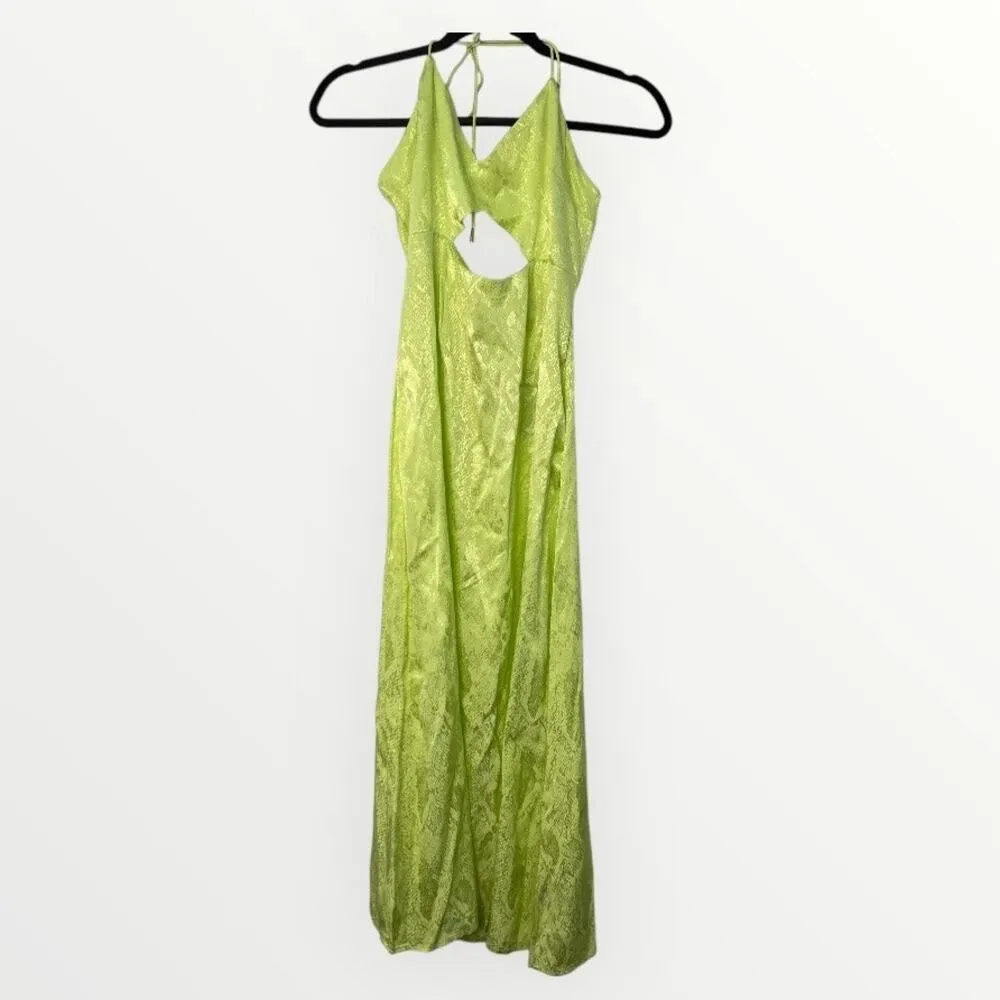AFRM Radish Dress in Lime Green Snake Jacquard Midi Halter Front Cutout Slip NWT - Image 3