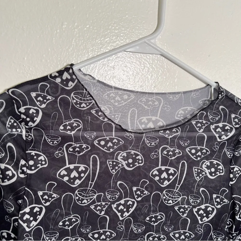 Shein Mesh Long Sleeve Crop Top Black Mushrooms Hearts Lettuce Hem 6 - Image 6