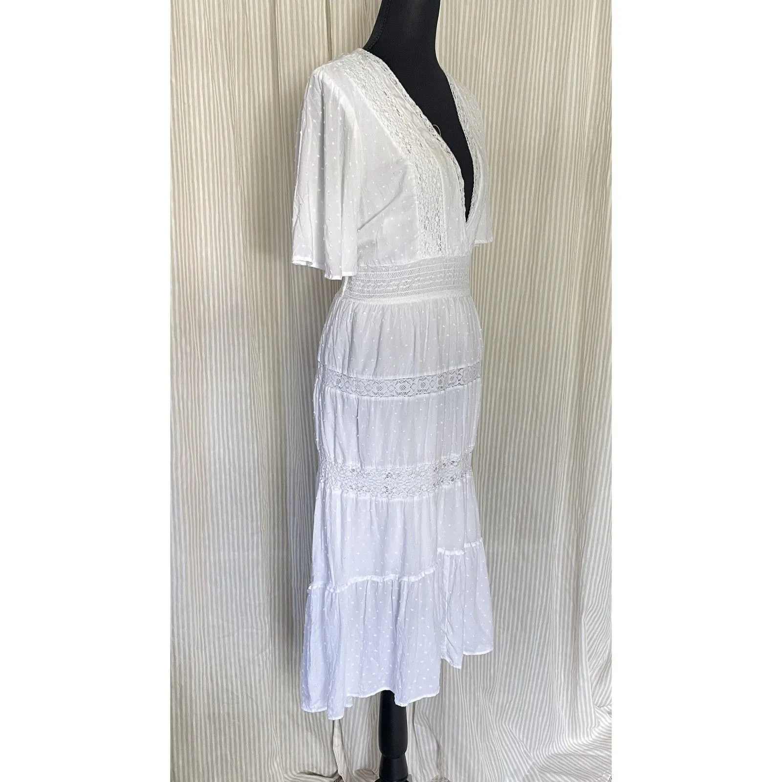 INC White Swiss Dot Boho Midi Dress Womens L Lace Tiered Cottagecore Prairie Size L - Image 2