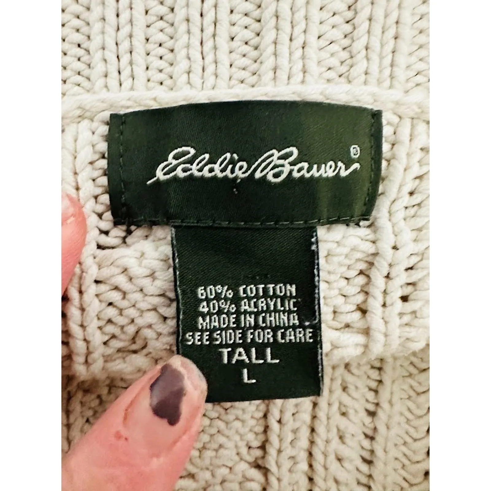 Eddie Bauer Women L Tall Cardigan Sweater Cream Shawl Collar CableKnit Fisherman - Image 5