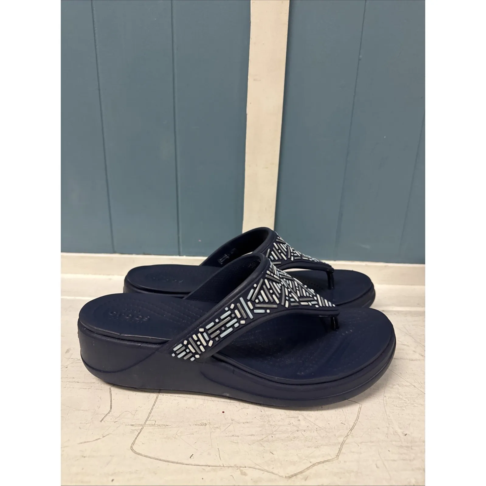Crocs Sandals‎ Womens 10 Monterey Beaded Wedge Slip On Flip Flop Navy 206851 - Image 5