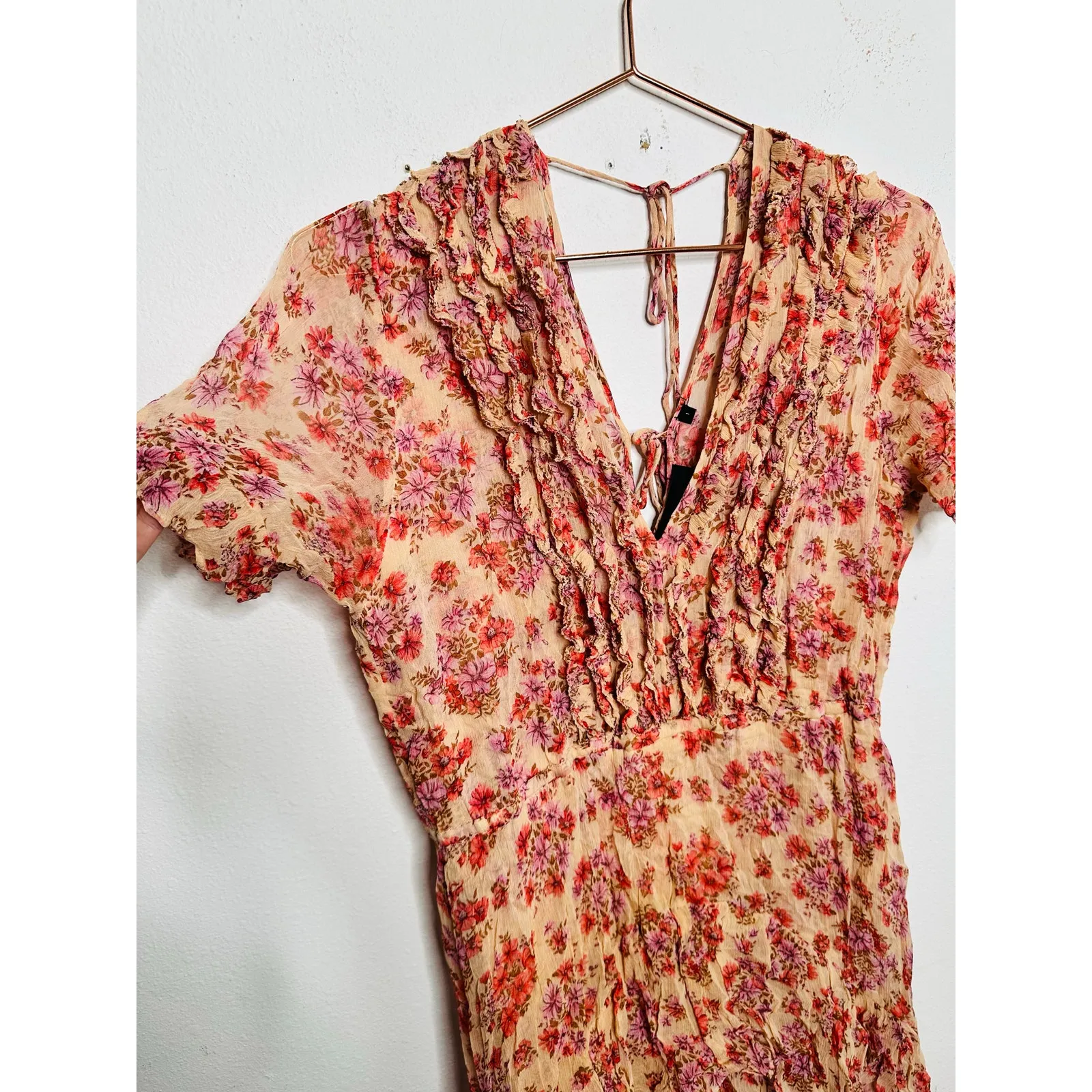 THE KOOPLES Pink Floral Ruffle Hemline Midi Tie Back Floral Frill Dress sz 1 - Image 14