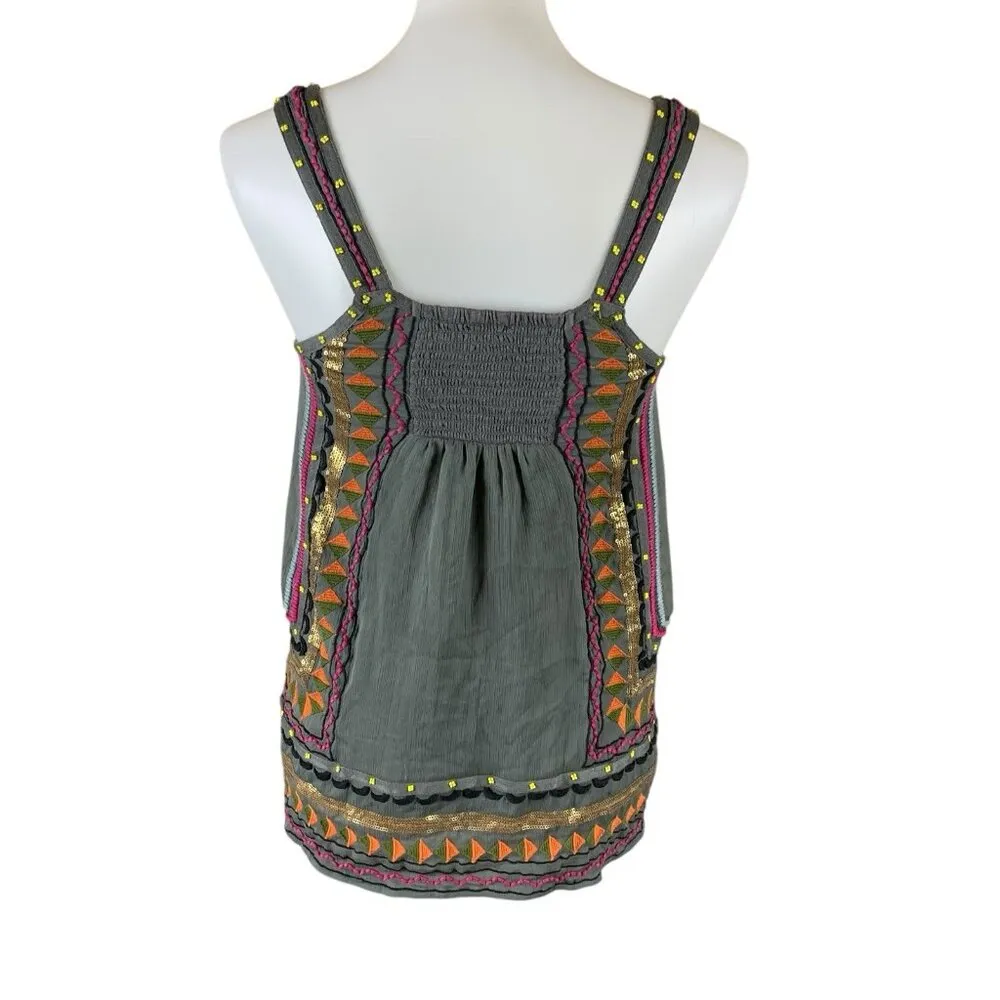 Meadow Rue Embroidered Tank XS Boho Festival Beaded Detail Artisan Ethnic - Image 3