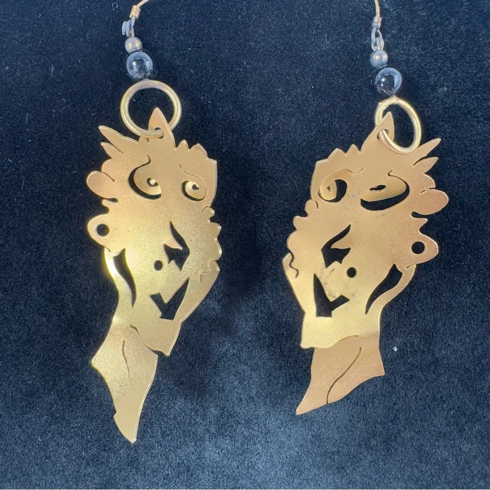 Handmade Artisan Face Dangle Earrings by Ohio Designer Craftsmen One of a Kind Gold - Image 5
