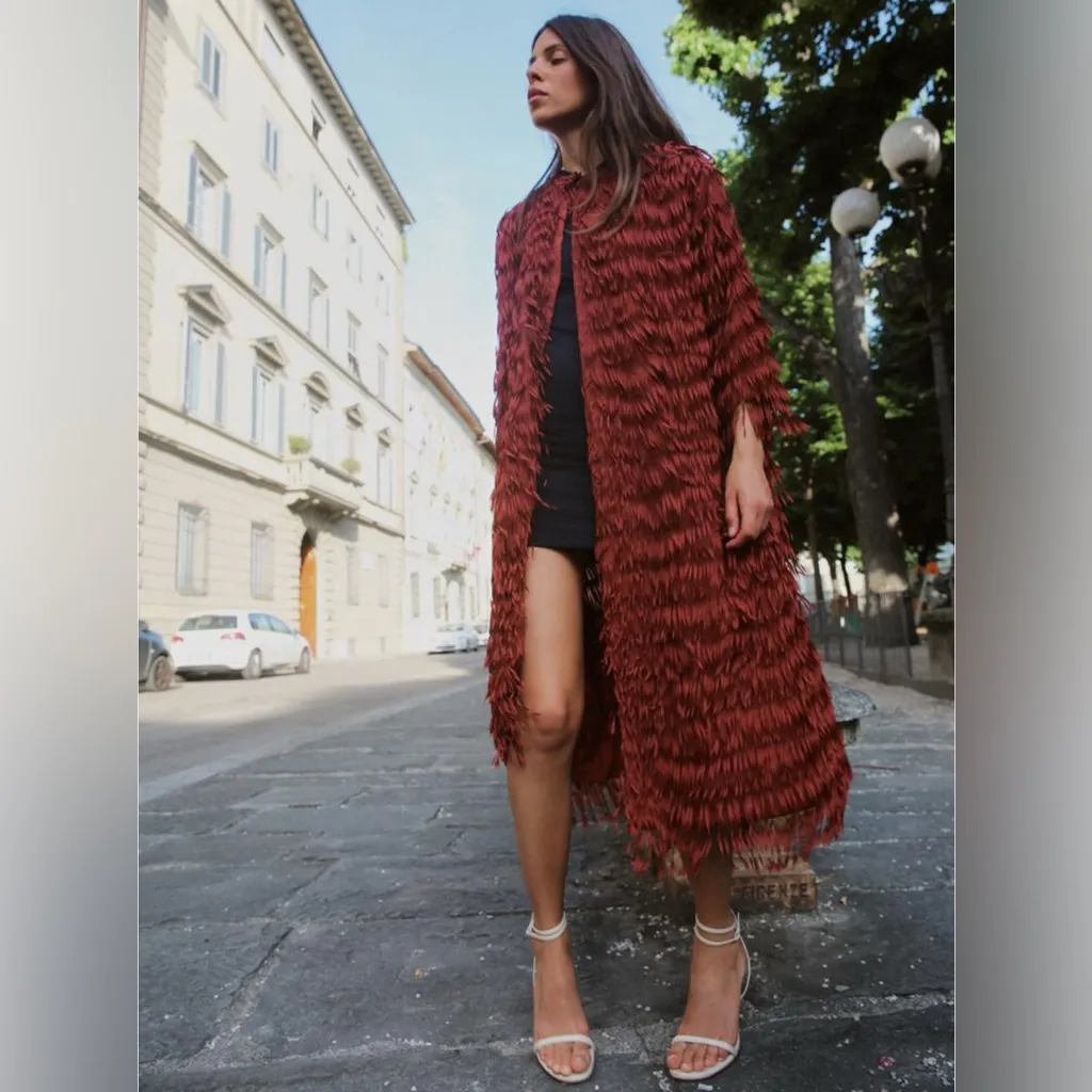 ZARA Limited Edition Bloggers Favorite Red Fringe Statement Coat Jacket Sz M NEW - Image 2