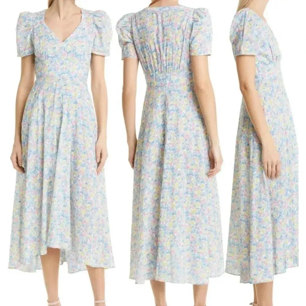 NWT LOVESHACKFANCY Hutchinson Floral Midi Dress Rainbow Blast blue pink v neck - Image 2