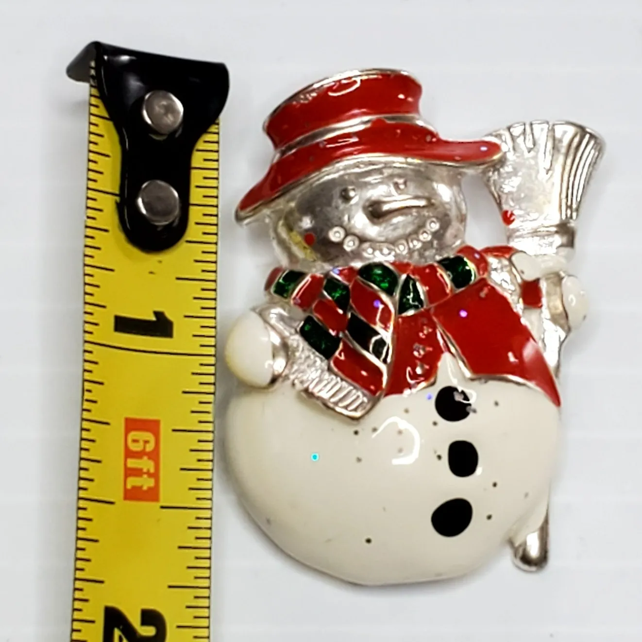 Vtg Enamel Frosty Snowman Christmas Pin Brooch Silver Tone Holiday 1.5" White - Image 3