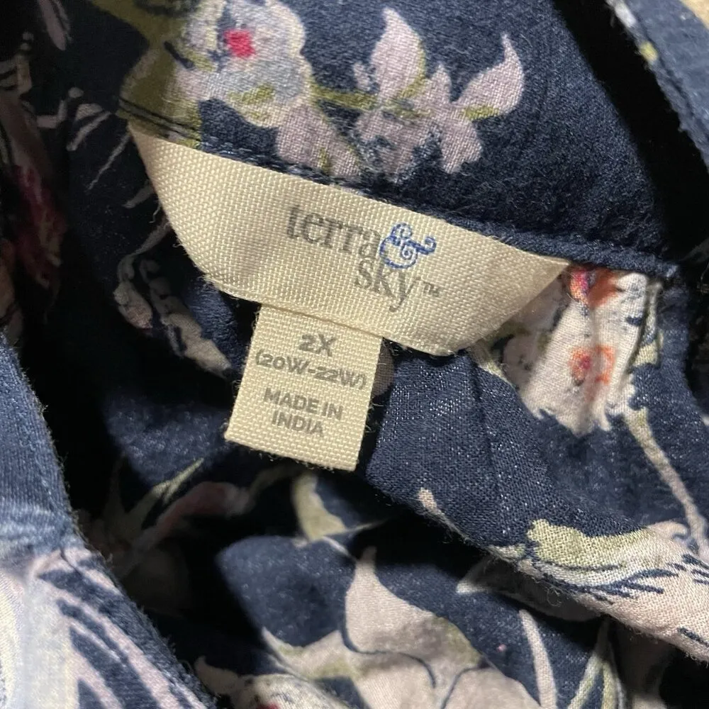 Terra & Sky Shirt Women's 2X Plus Square Neck Navy Blue Floral Tunic Blouse Top - Image 3