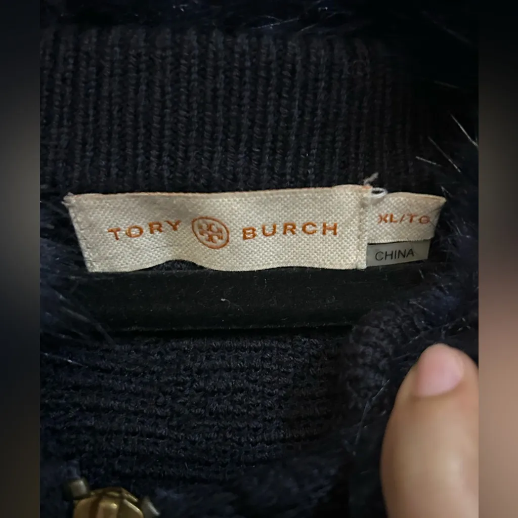 TORY BURCH Contraire Merino Wool Cable Knit Faux Fur Sweater Bomber Jacket XL - Image 6