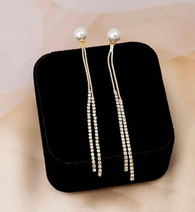 Pearl Long Tassel Dangle Drop Earrings for Women Gold - Image 2
