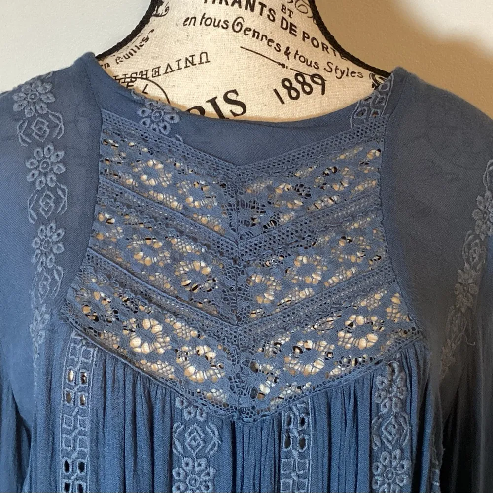 FREE PEOPLE KISS KISS EMBROIDERED BOHO Lace Tunic/Dress DENIM BLUE SIZE S/P - Image 5