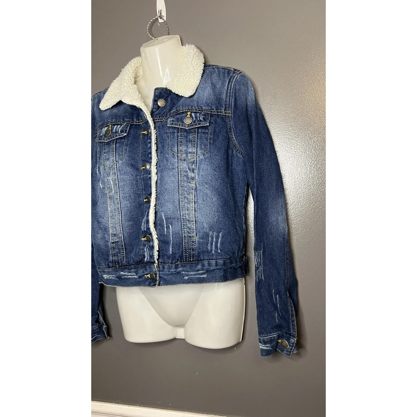 Reserve Fairfax Jacket Womens Small Sherpa Lined Denim Trucker Shearling Collar Blue - Image 3