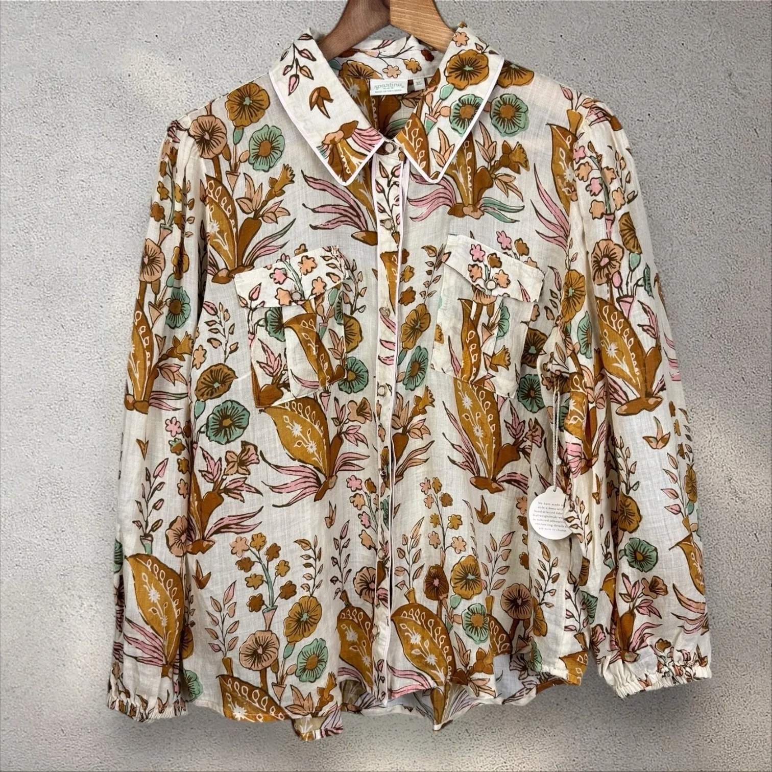 NWT Spartina 449 Claudette Mercer Blouse Woodblock Floral Cream Sz XL - Image 4