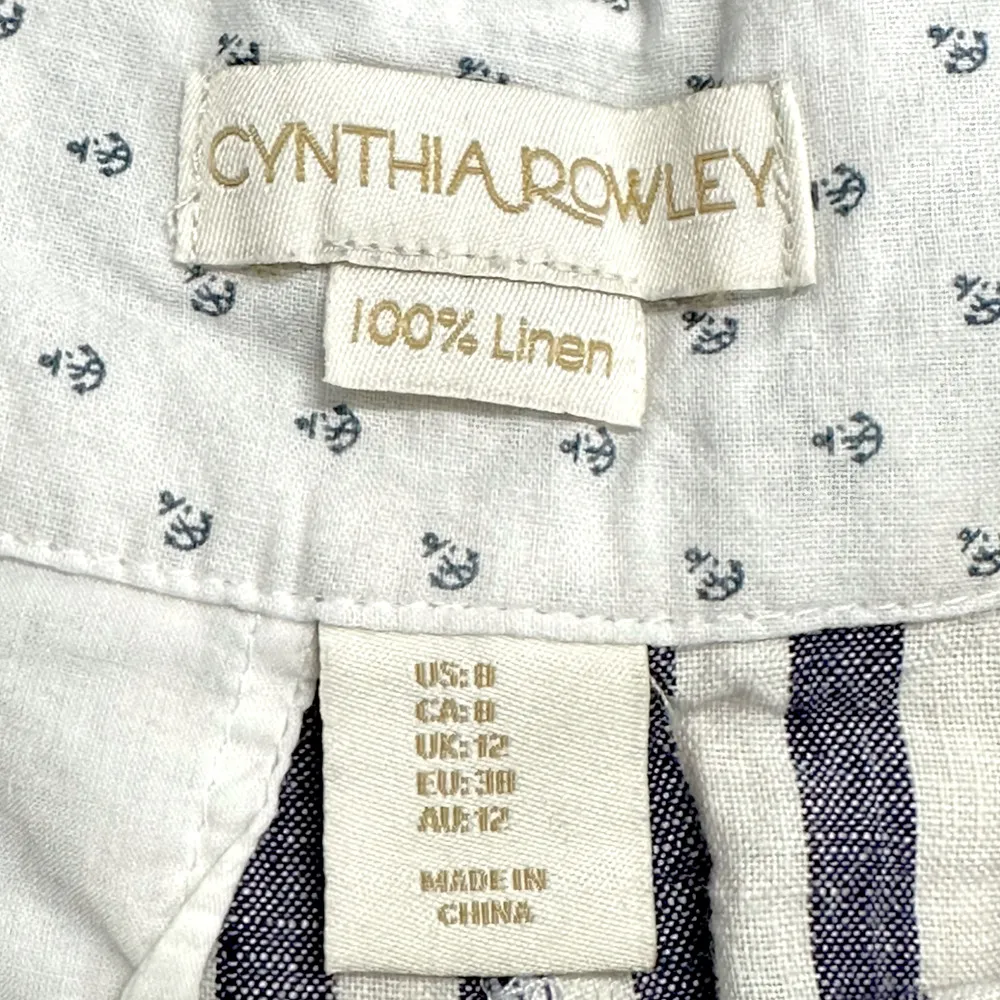 Cynthia Rowley | Size 8 | 100% Linen Navy White Stripe High Rise Paperbag Shorts - Image 2