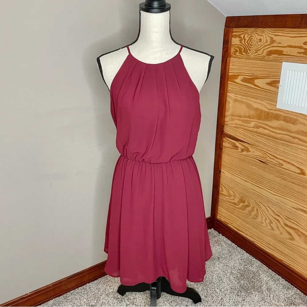 Lush Burgundy Chiffon Sleeveless Pleated Blouson Mini Skater Dress Medium - Image 2