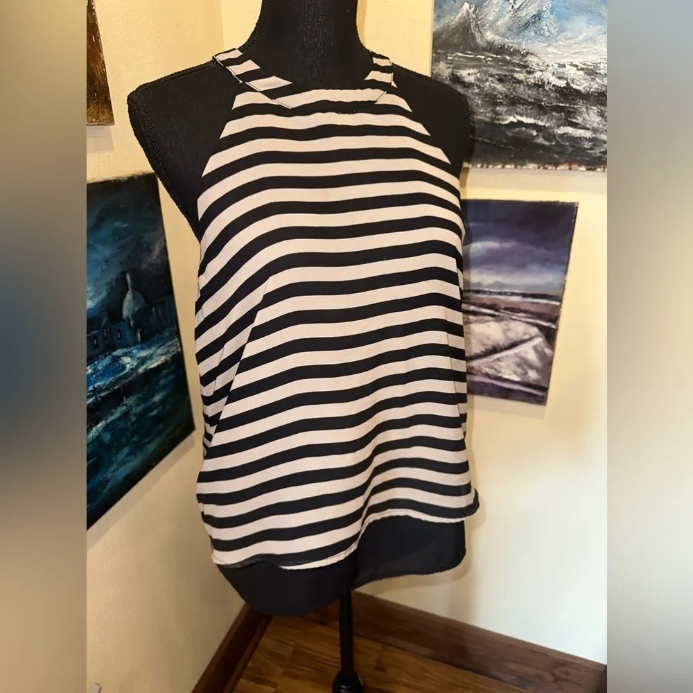 Monteau beige and Black Striped High Neck Tank with Keyhole Back - Size  M - Image 2